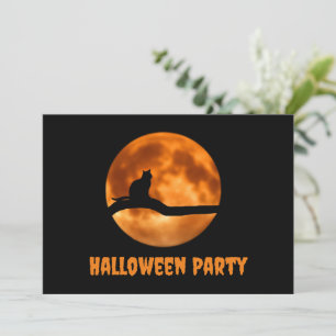 Black Cat Under Orange Moon Halloween Invitation