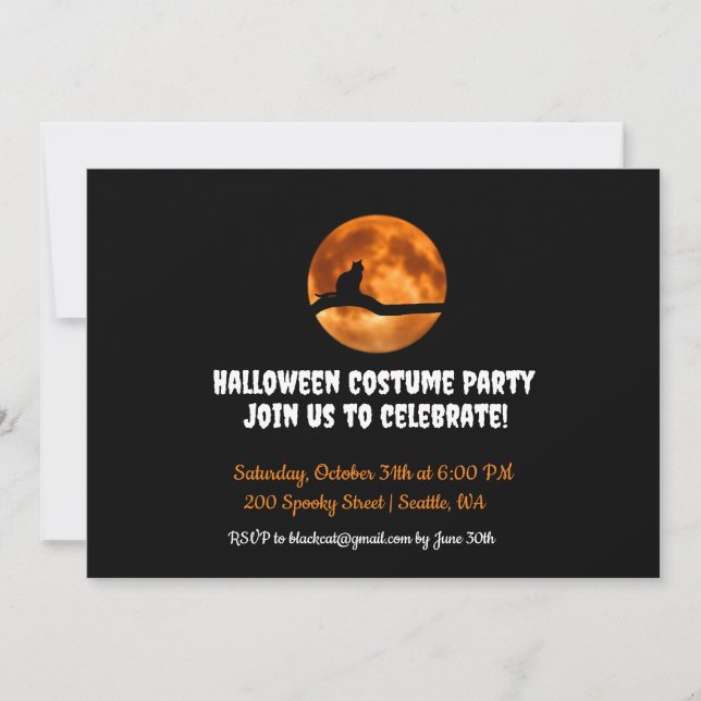 Black Cat Under Orange Moon  Halloween Invitation (Front)