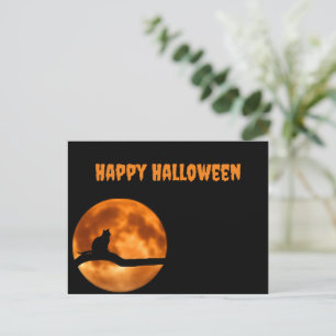 Black Cat Under Orange Moon Holiday Postcard