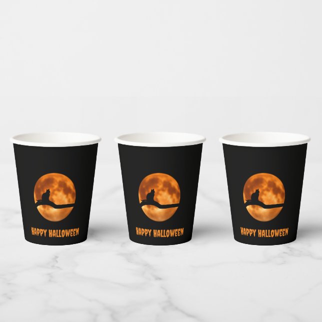 Black Cat Under Orange Moon Paper Cups (Multi)