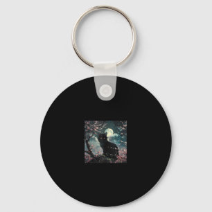 Black Cat Under Red Moon with Sakura Blossoms Key Ring