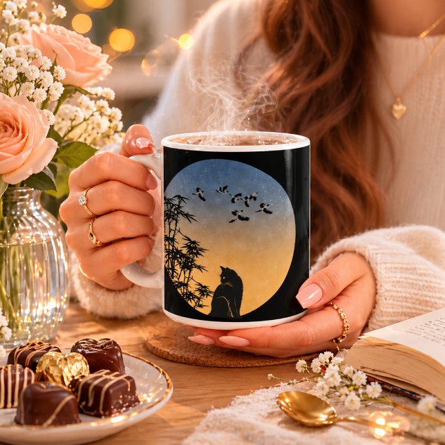   Black Cat Under Sky &Bamboo and bird- Art Mug (Creator Uploaded)