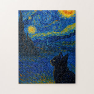 Black Cat Under Starry Night Feline Art Jigsaw Puzzle