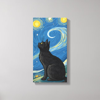 Black Cat Under Starry , Vibrant Pop Art Painting Canvas Print