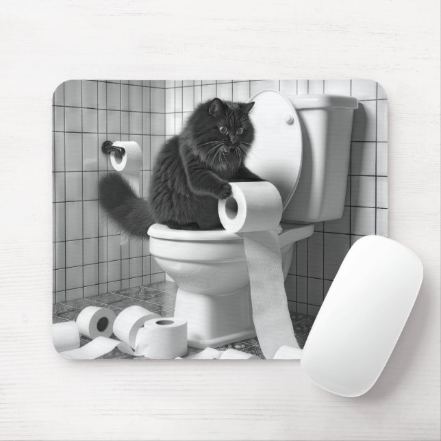 Black Cat Unraveling a Roll of Toilet Paper Mouse Mat (With Mouse)