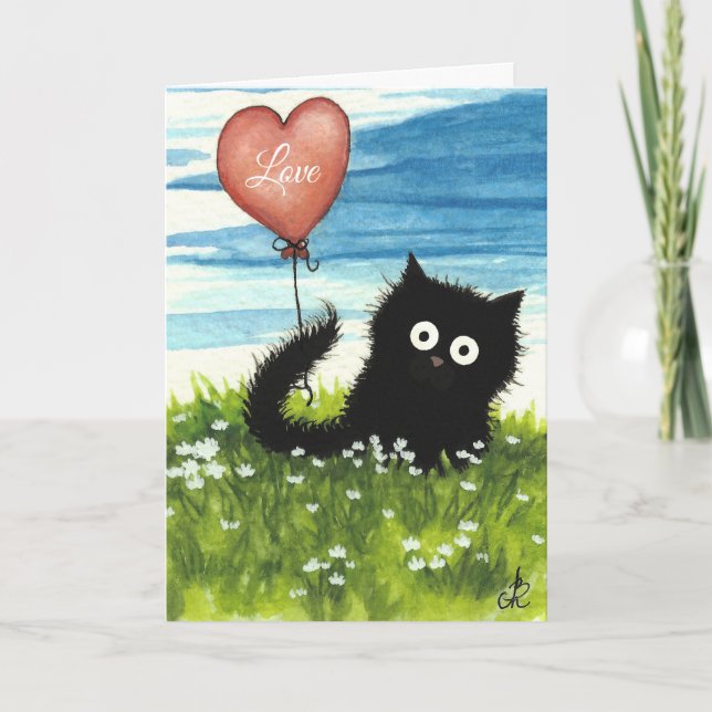Black Cat Valentine Love by Bihrle Holiday Card (Front)