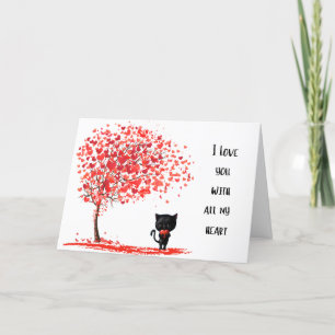 Black cat Valentine's day card with hearts