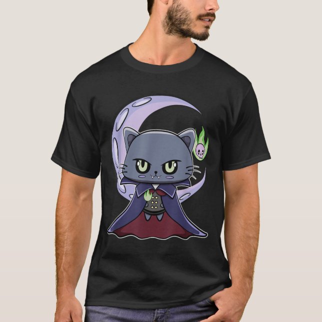 Black Cat Vampire Dracula And Magic Fire For T-Shirt (Front)