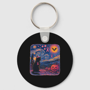 Black Cat Van Gogh Halloween Breast Cancer Awarene Key Ring