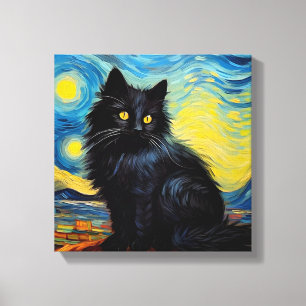 "Black Cat Van Gogh Sky Canvas Print