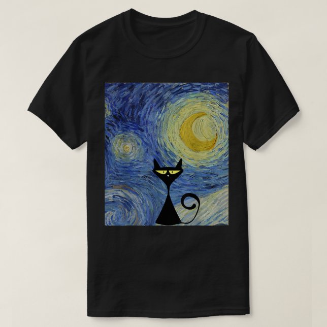 Black Cat Van Gogh Starry Night Museum Lover Aweso T-Shirt (Design Front)