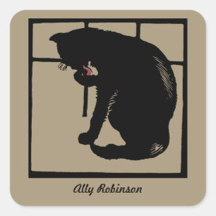 Black cat vector art (woodcut) bookplate square sticker