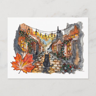Black Cat Village Road Halloween Watercolor Postcard