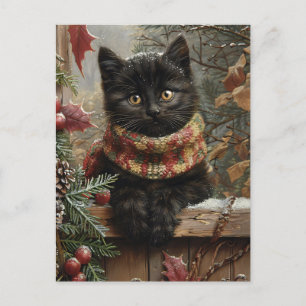Black Cat Vintage Christmas Postcard
