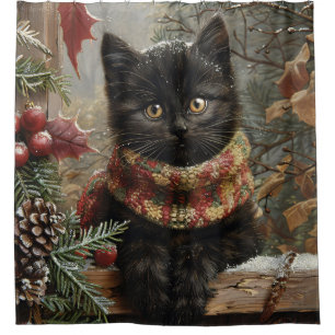 Black Cat Vintage Christmas Shower Curtain