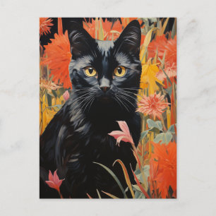 Black Cat Vintage Flower Painting Postcard