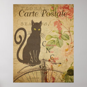 Black Cat Vintage French Postcard Poster