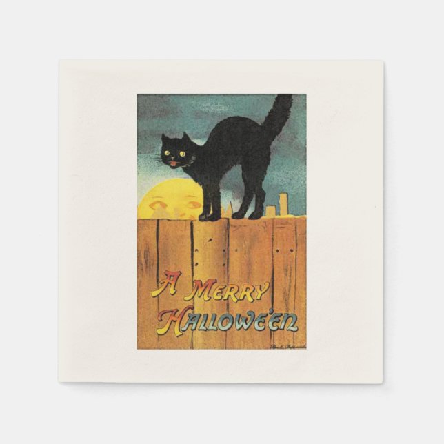 Black Cat Vintage Halloween Party Paper Napkins (Front)