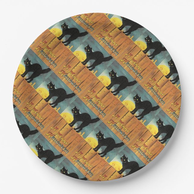 Black Cat Vintage Halloween Party Paper Plates (Front)