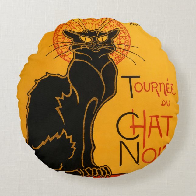Black Cat Vintage Halloween Steinlen Poster Round Cushion (Front)