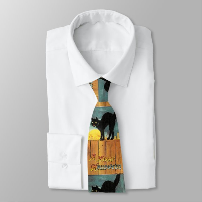 Black Cat Vintage Halloween Tie (Tied)