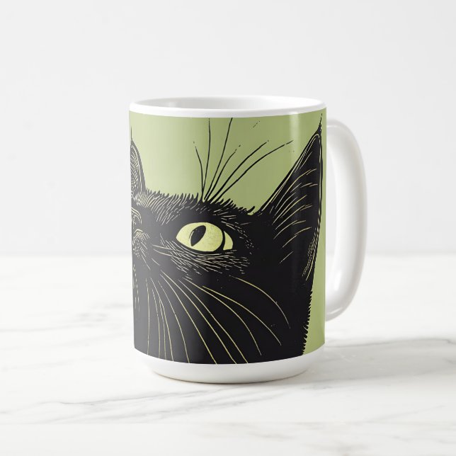 Black Cat Vintage Lino Print  Coffee Mug (Front Right)