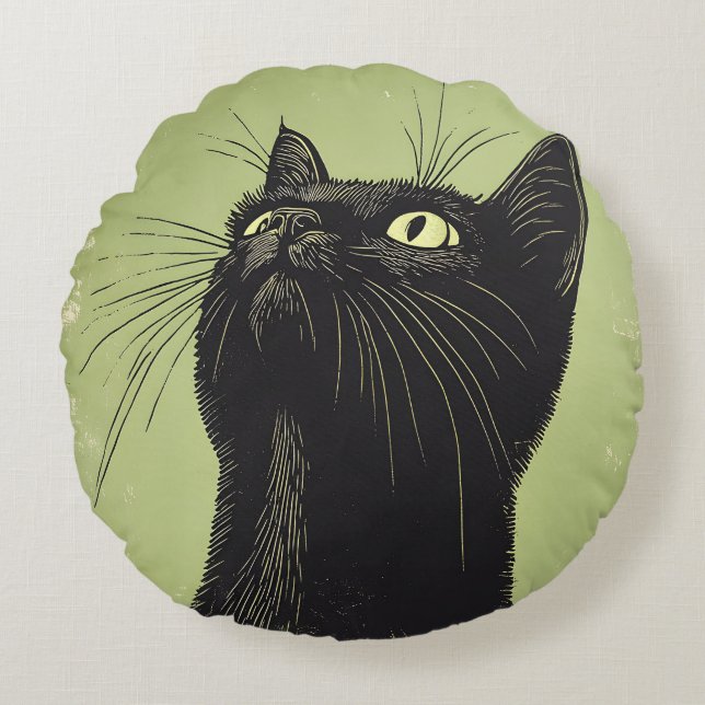 Black Cat Vintage Lino Print Round Cushion (Front)