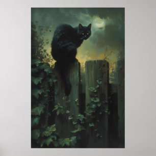 Black Cat Wall Art, Moonlit Garden Gothic Cat Art Poster