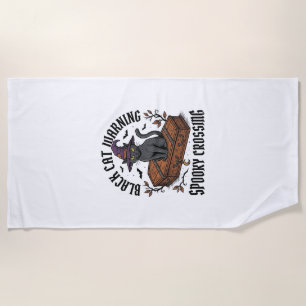 Black Cat Warning Vintage Halloween Witch Cat_1 Beach Towel