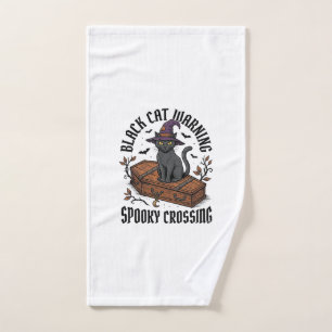 Black Cat Warning Vintage Halloween Witch Cat_1 Hand Towel