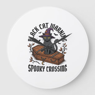 Black Cat Warning Vintage Halloween Witch Cat_1 Large Clock