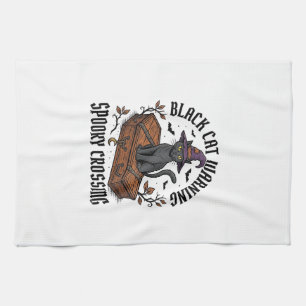 Black Cat Warning Vintage Halloween Witch Cat_1 Tea Towel