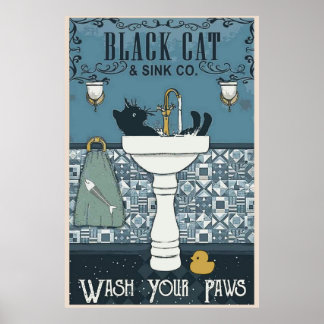 Black Cat Wash Your Paws Poster