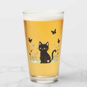 Black Cat Watching Butterflies Glass