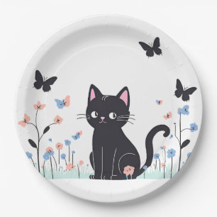 Black Cat Watching Butterflies Paper Plate