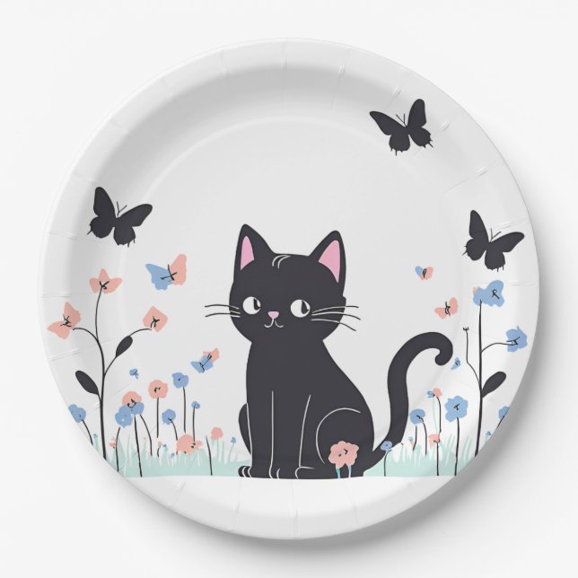 Black Cat Watching Butterflies Paper Plate (Front)