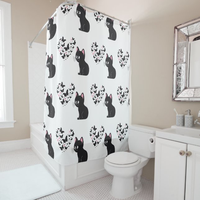 Black Cat Watching Butterflies Shower Curtain (In Situ)