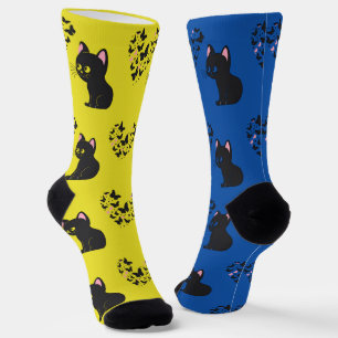 Black Cat Watching Butterflies Socks