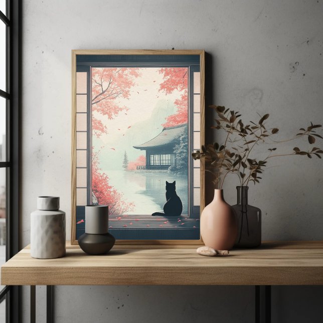 Black Cat Watching Japanese Autumn Zen Scene Art Poster (Creator Uploaded)