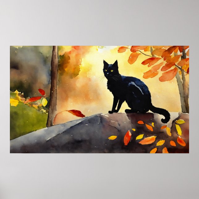 Black Cat Watercolor Wall Poster (Front)