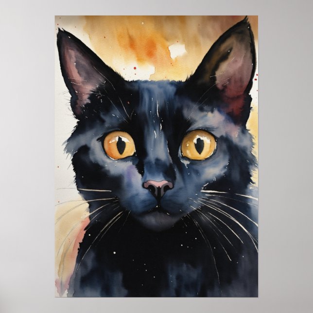 Black Cat Watercolor Wall Poster (Front)