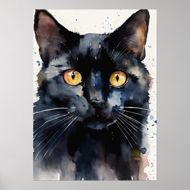 Black Cat Watercolor Wall Poster (Front)