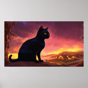 Black Cat Watercolor Wall Poster