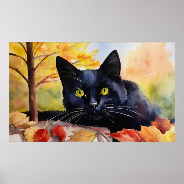 Black Cat Watercolor Wall Poster (Front)