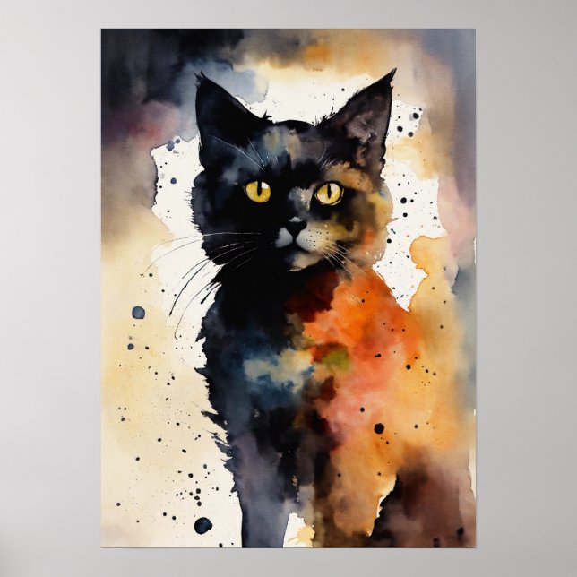 Black Cat Watercolor Wall Poster (Front)