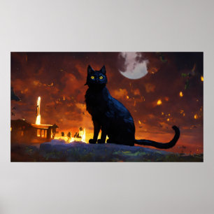 Black Cat Watercolor Wall Poster