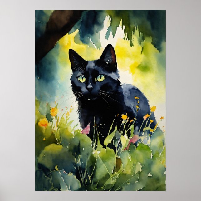 Black Cat Watercolor Wall Poster (Front)