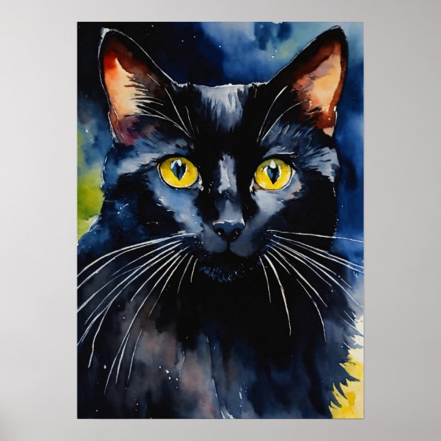 Black Cat Watercolor Wall Poster (Front)