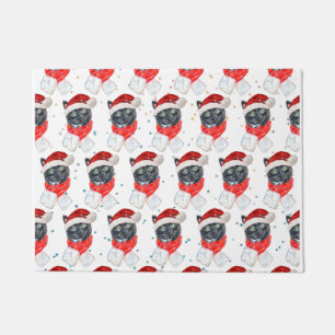 Black Cat Watercolor with Christmas Scarf Doormat