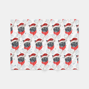 Black Cat Watercolor with Christmas Scarf Fleece Blanket